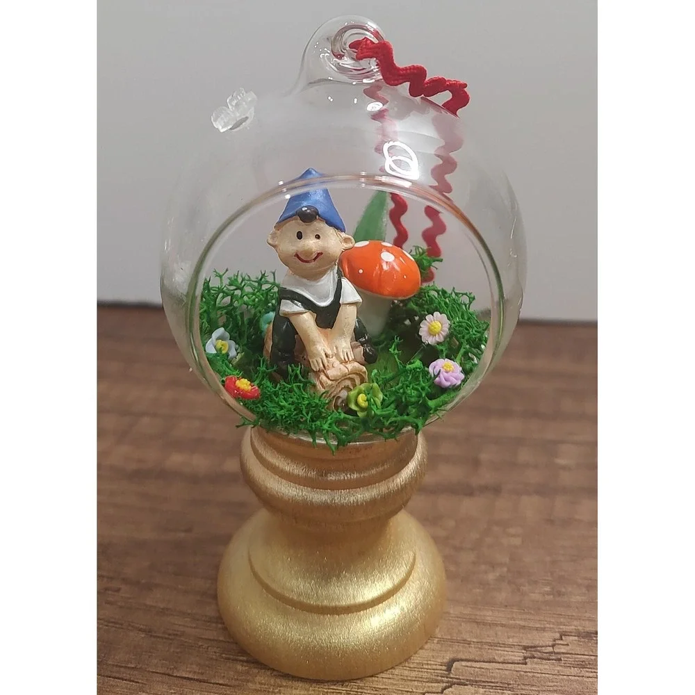 Garden Gnome Christmas Ornament Handmade Glass Diorama Terrarium Fairy Mushroom